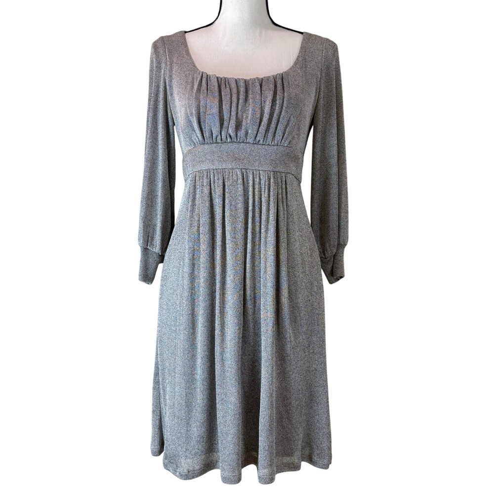 Maggy London Dress Metallic Square Neck‎ 3/4 Sleeve Gray Silver 6 Knee Length